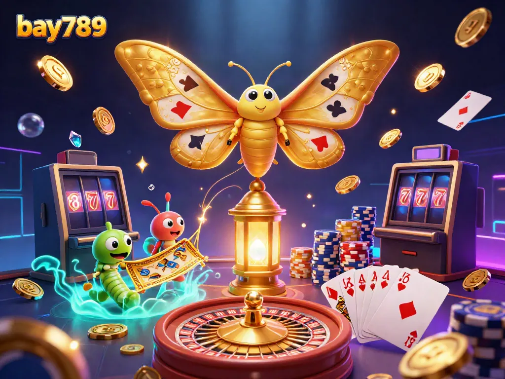 Engage with the exciting world of bay789, featuring golden moths and dynamic casino elements.