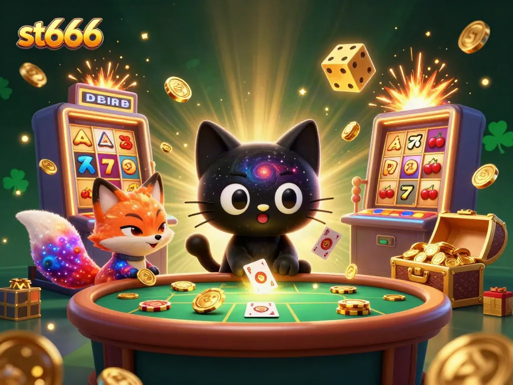 Spin the reels with st666 in this vibrant cosmic casino scene filled with jackpots, colorful companions, and playful energy.