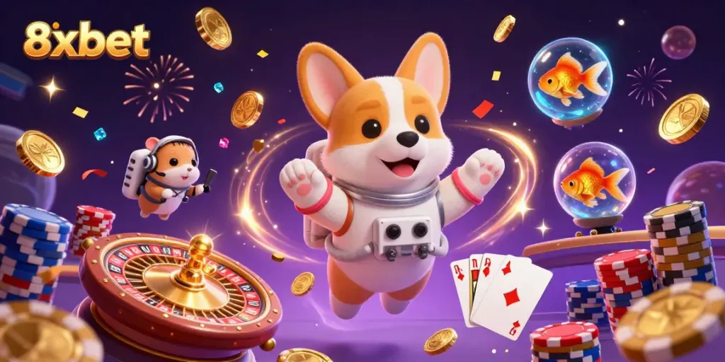 Experience 8xbet's thrilling casino atmosphere with floating coins and vibrant characters in a cosmic setting.
