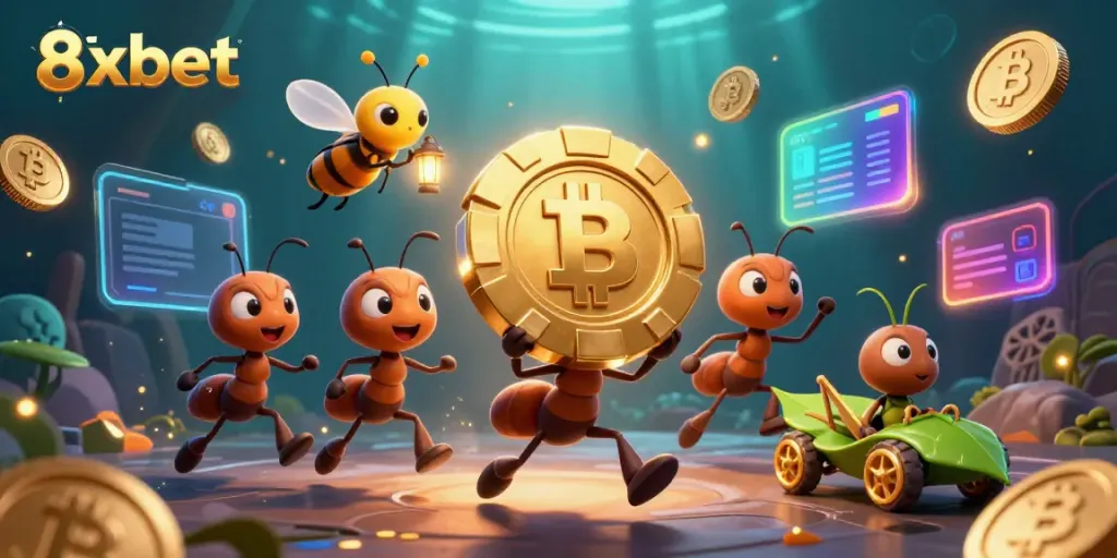 Engage with 8xbet's thrilling heist scene featuring ants, crypto coins, and gaming elements.