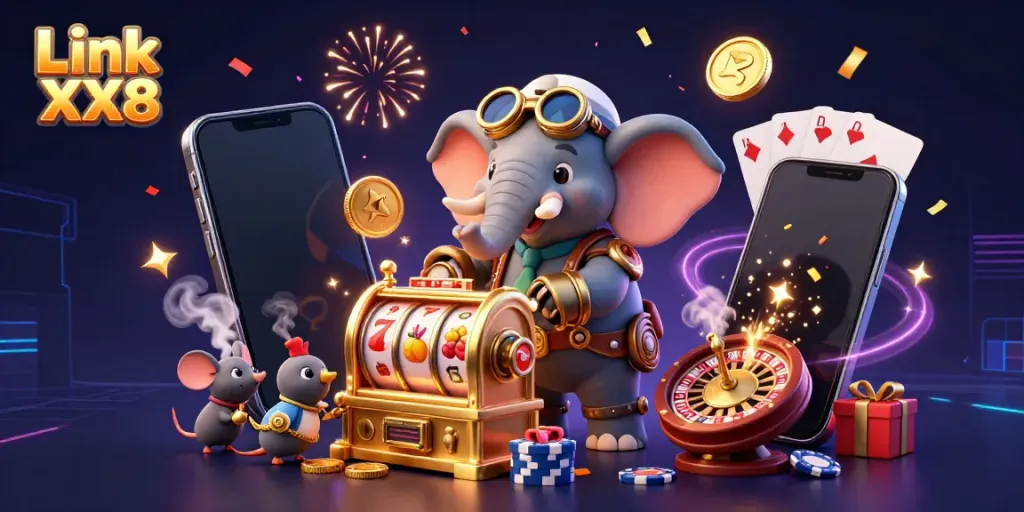 Engage with Link XX8's thrilling slot machine action featuring a steampunk elephant engineer and vibrant game elements.
