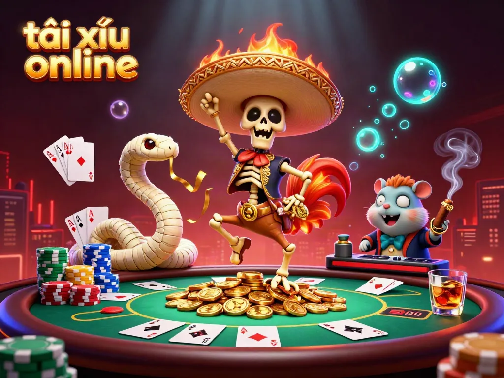 Engaging tài xỉu online scene with cartoon characters celebrating on coins and poker elements.