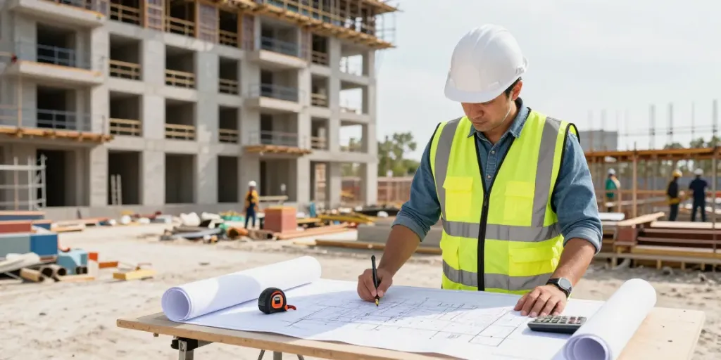 Residential quantity surveyor reviewing construction plans on site.