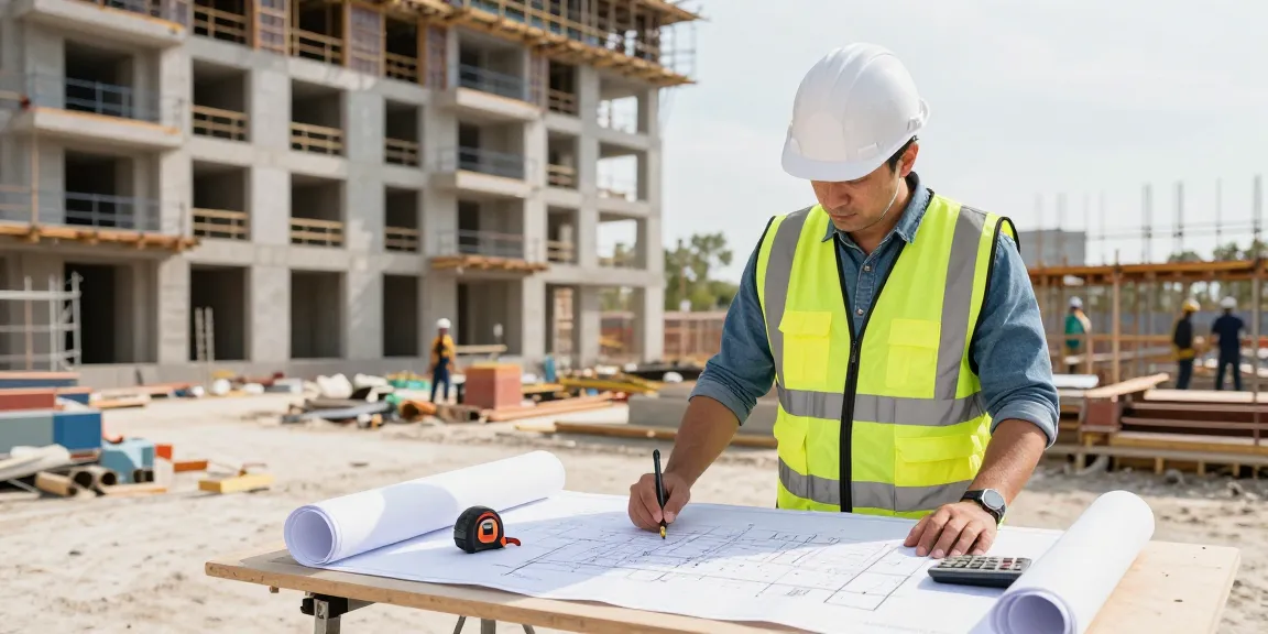 Residential quantity surveyor reviewing construction plans on site.