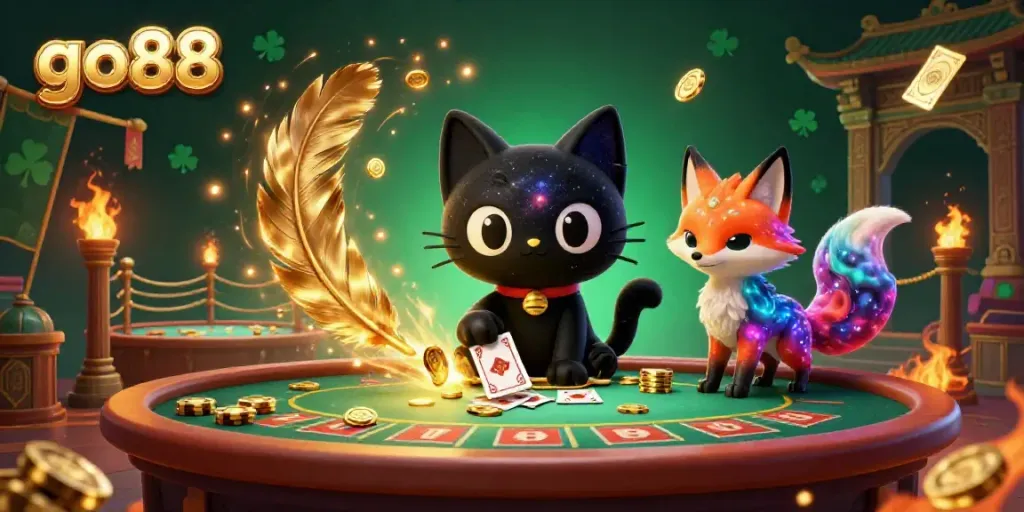Experience thrilling gaming with go88 as a black hole cat attracts golden chips in an immersive casino scene.
