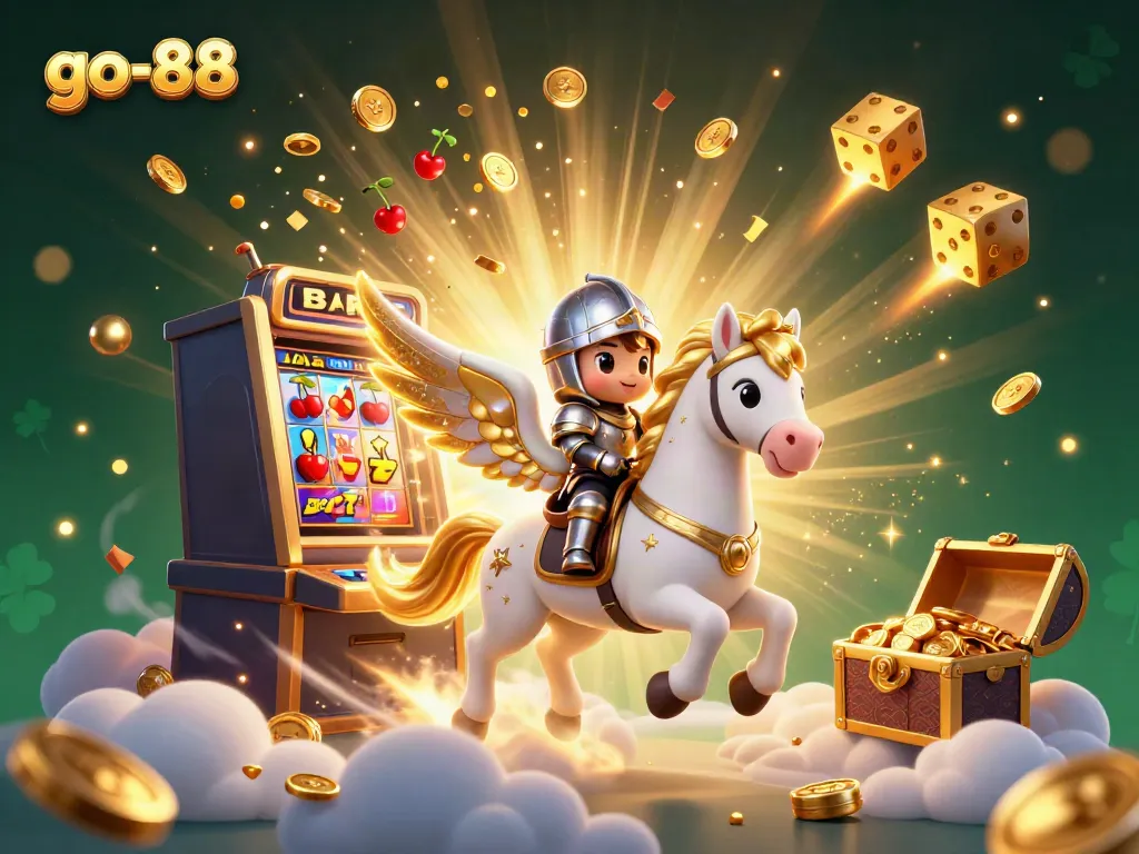 Experience thrilling gaming with go-88 as a magical horse and knight ride through a vibrant casino world, showcasing epic jackpots.