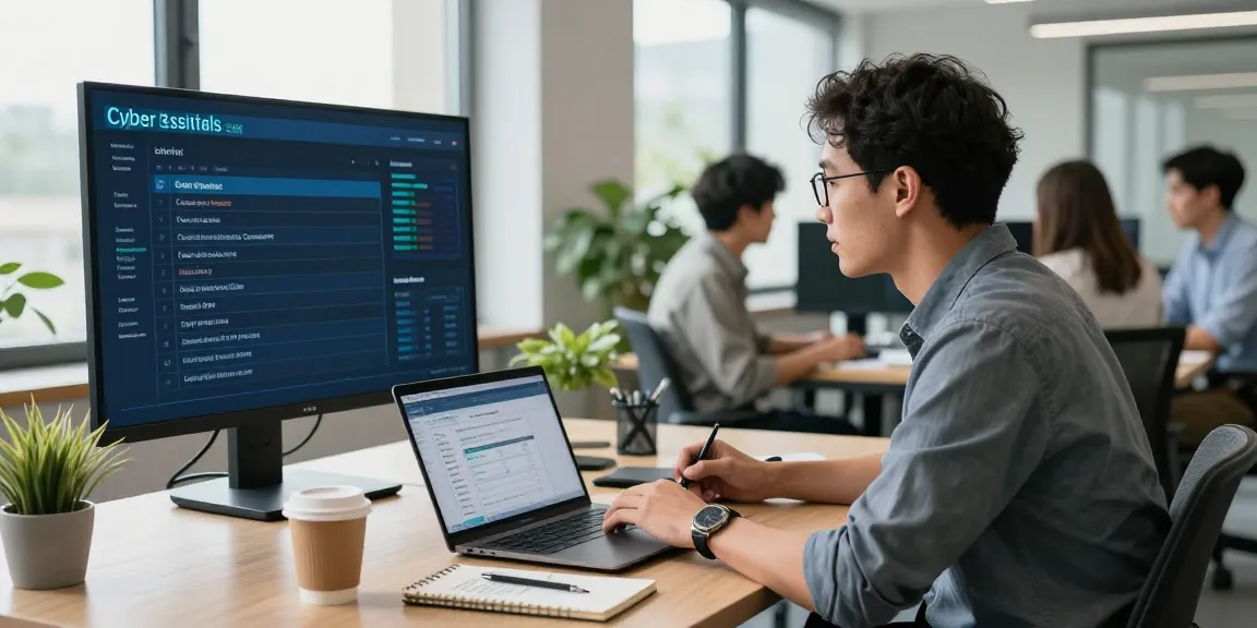 Cyber Essentials checklist in a modern office setting with professionals discussing cybersecurity compliance.