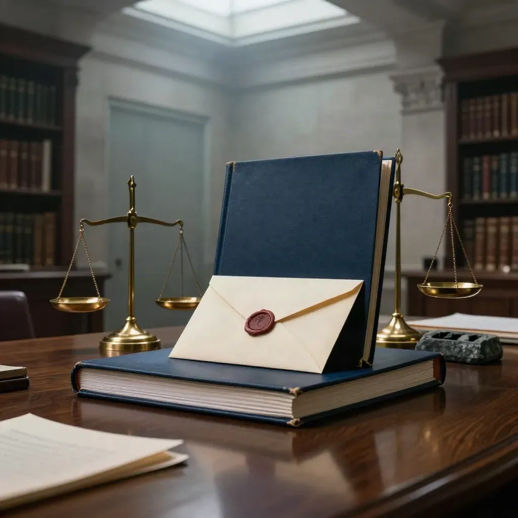 Moody legal desk tableau with navy case file, brass scales and wax-sealed envelope in London office