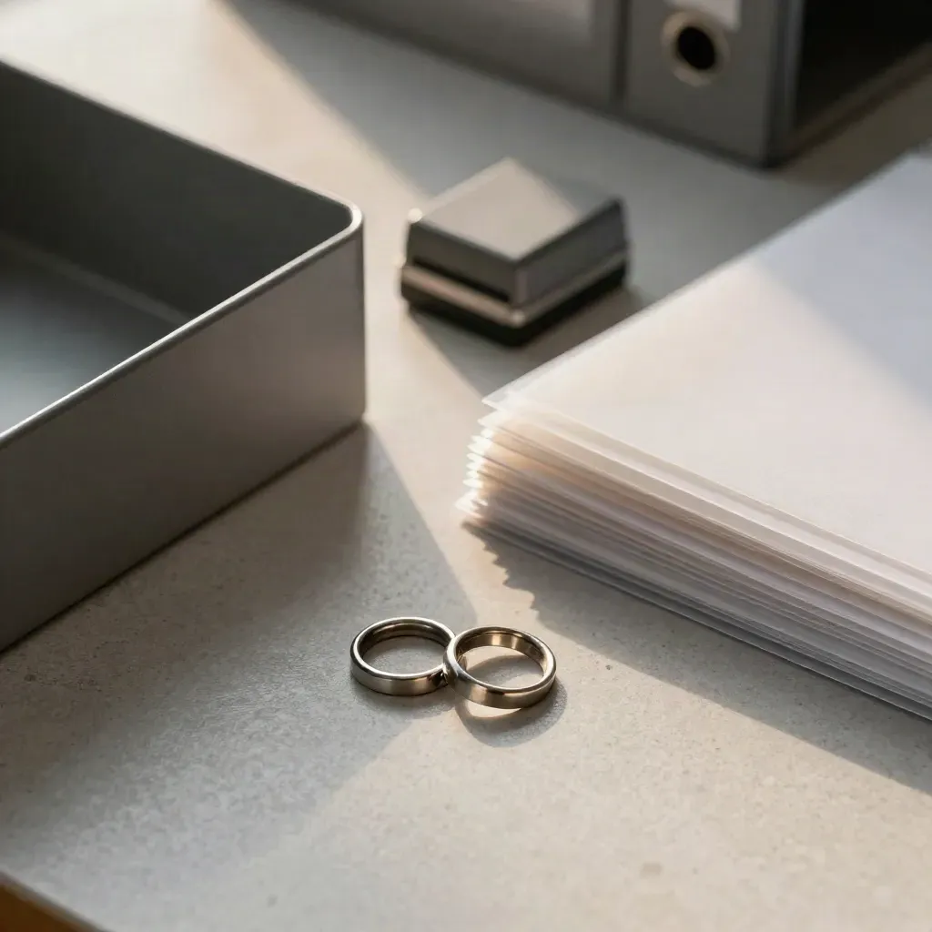 Macro overhead of a compliance desk with binder rings, file tray, stamp block and record sleeves.