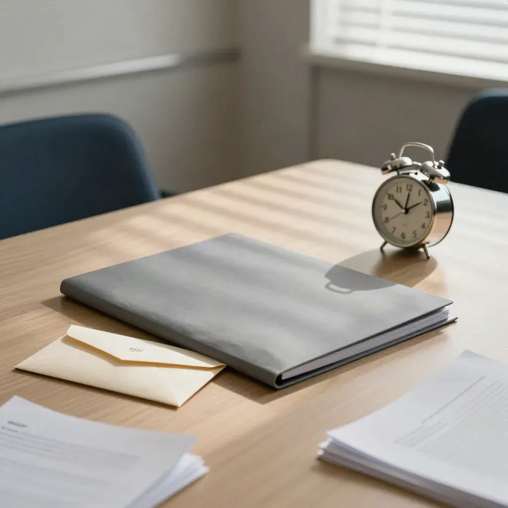 Grey employment folder, folded notice envelope and desk clock in a quiet meeting room.
