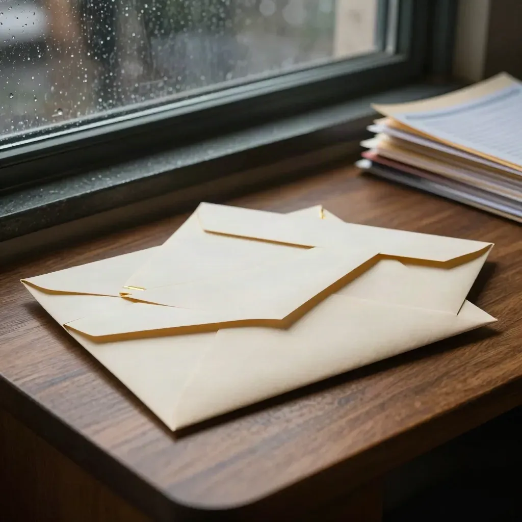 Sealed envelopes, a response bundle and returned mail sleeve on a walnut table by a rainy window.