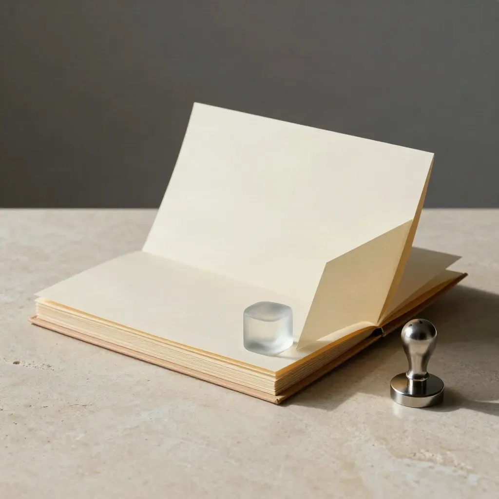 Top-down view of a legal folder, paperweight, seal embosser, and fanned pages on stone.