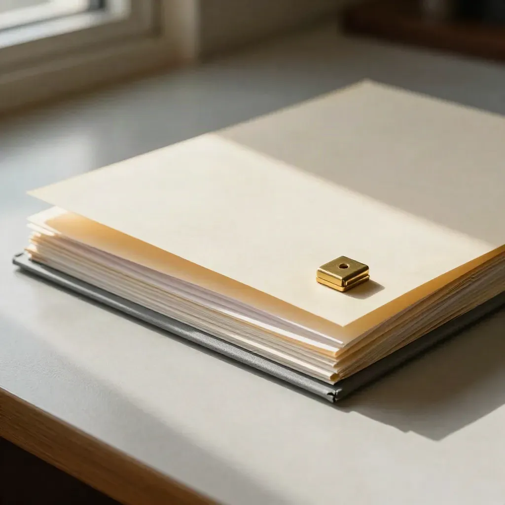 Clipped legal review bundle and face-down folder on a pale desk in soft daylight.