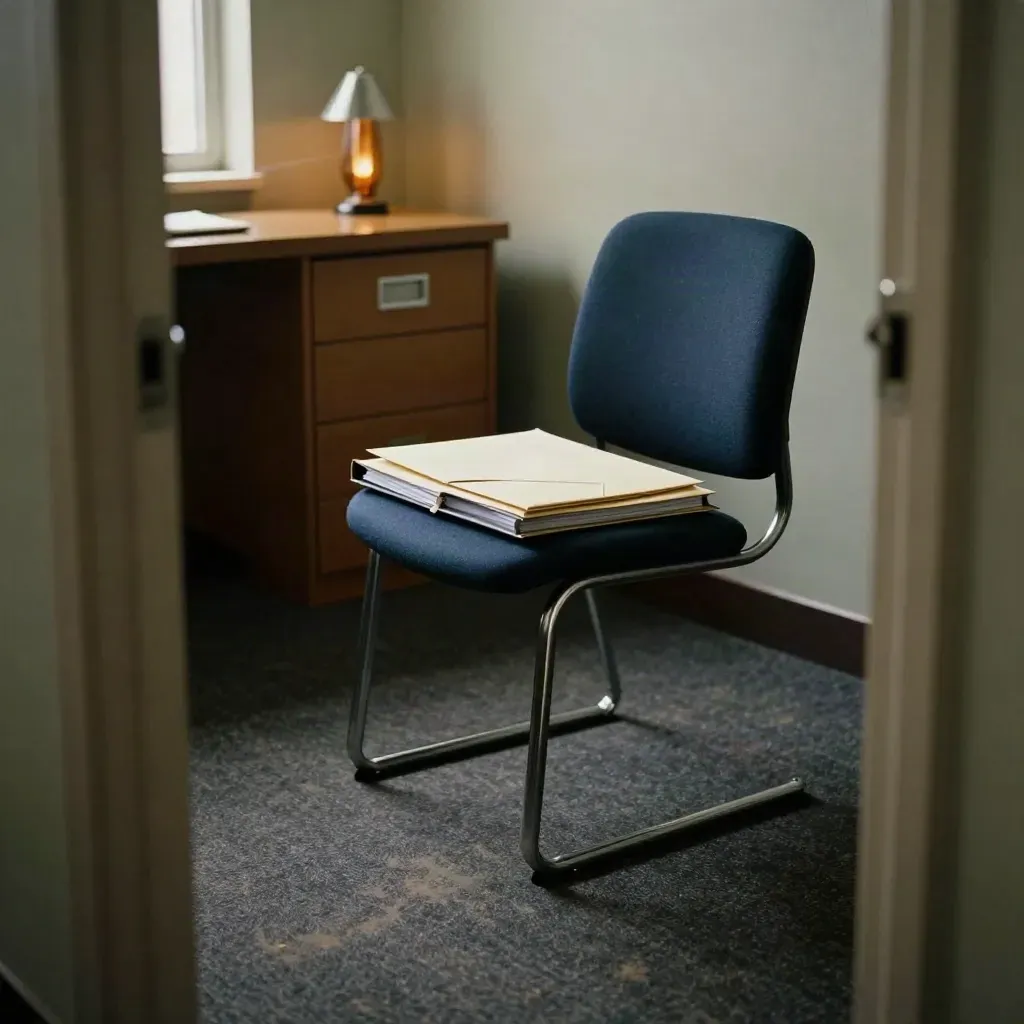 Navy chair beside a sealed envelope and closed staff file in a tense office corner.