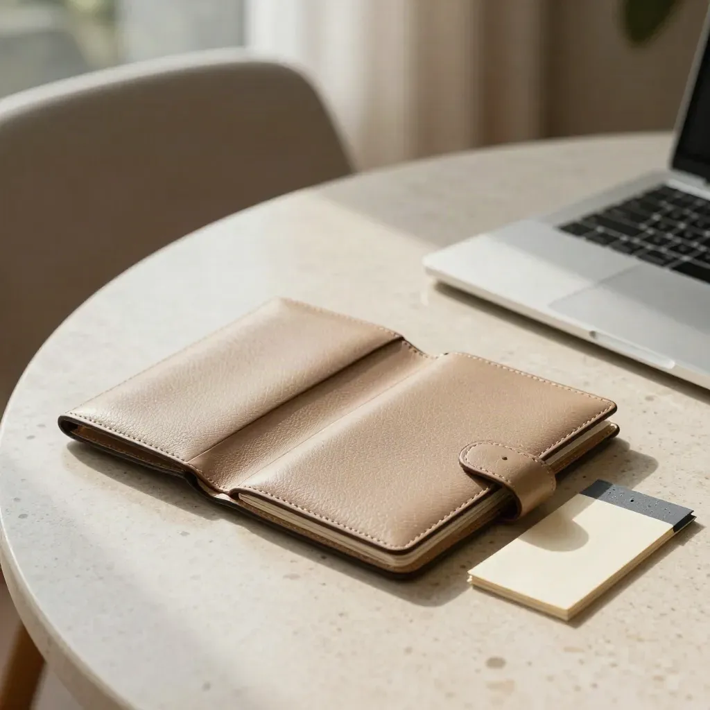 Open leather document wallet, closed laptop and divider tabs on a bright meeting table by rainy window light.