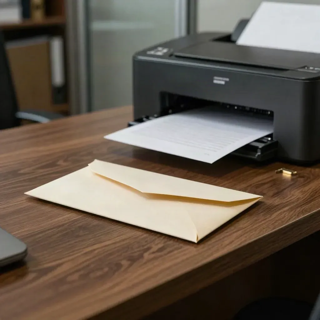 Returned payment envelope beside a clipped correspondence bundle and printer tray on a law office desk.