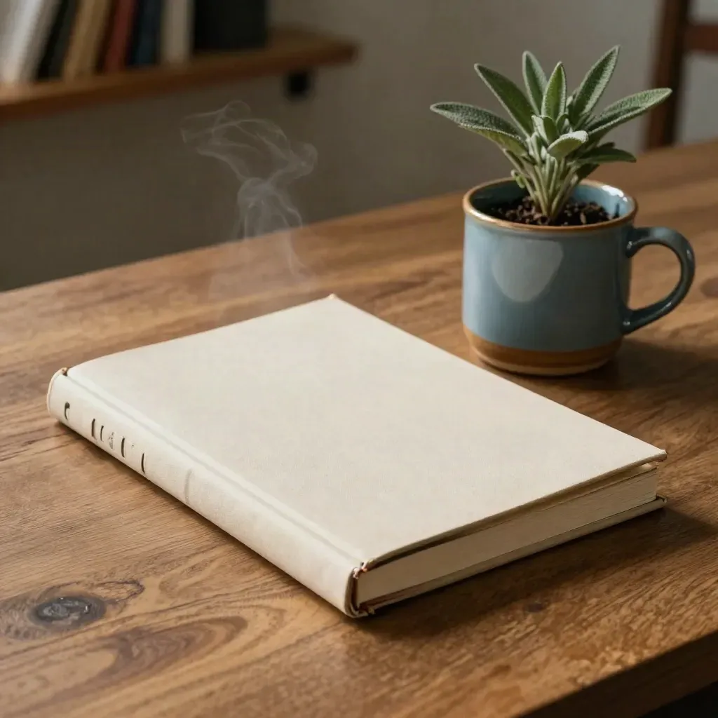 Top-down of a bound handbook beside a steaming mug and small plant on a tidy break-room table.