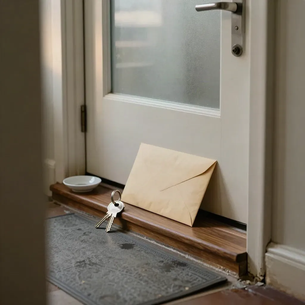 Claim envelope and keys on a hallway console by the front door after a repair dispute.