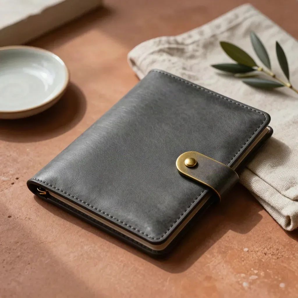 Top-down legal document wallet with linen cloth, dish, and olive sprig on terracotta stone.