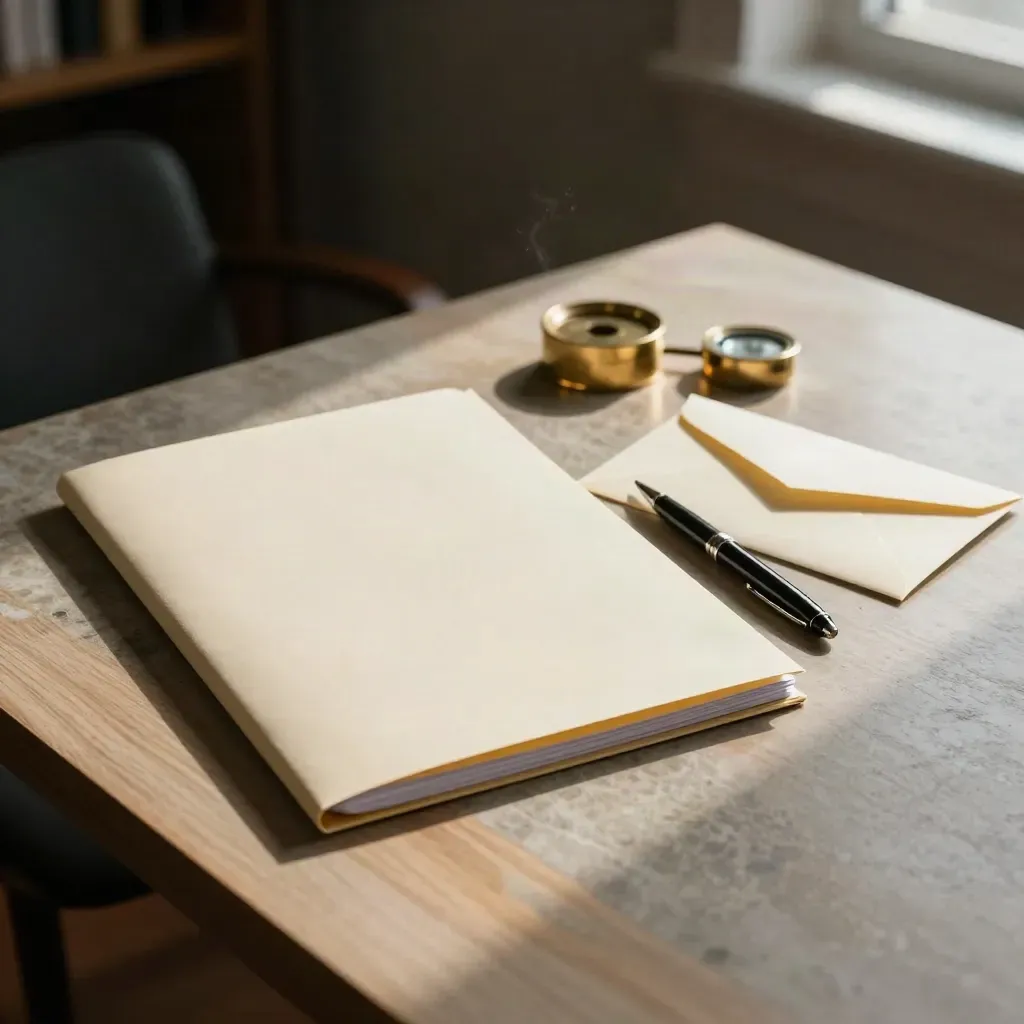 Closed legal folder, pen and sealed envelope on a pale desk in warm window light.