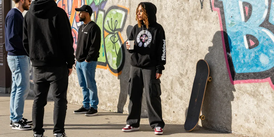 Fashionable youth in Chrome Hearts hoodie engaging in urban street culture, showcasing contemporary style.