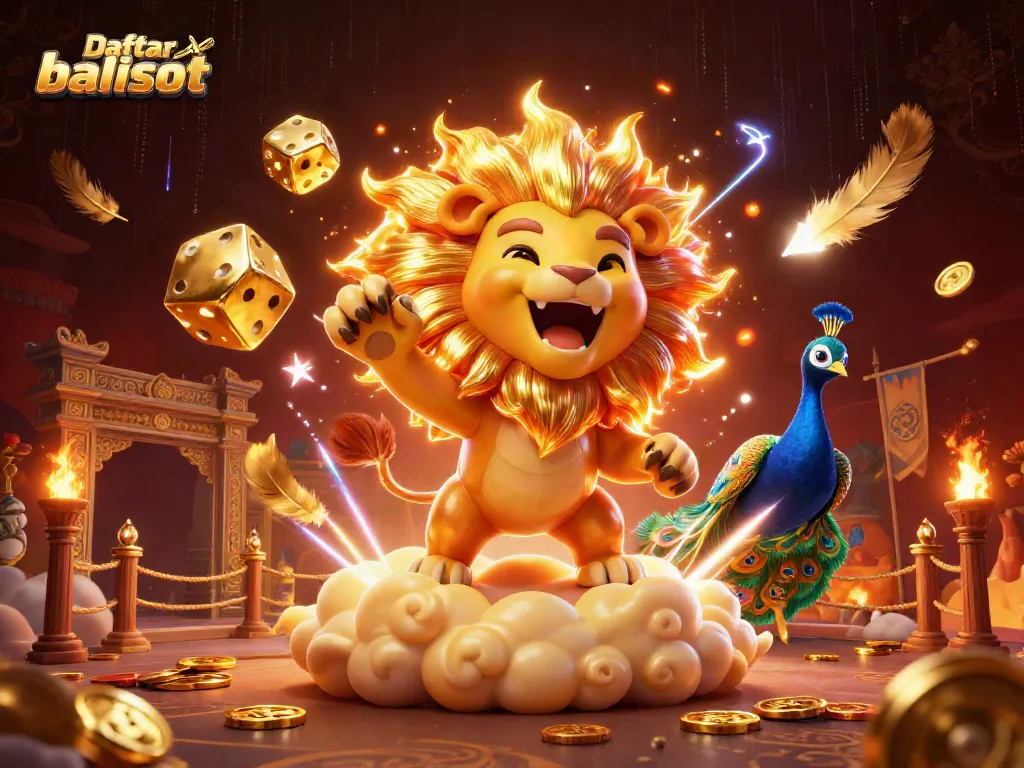 Engage with Daftar balisot for epic wins as a lion roars among golden dice and vibrant casino elements.