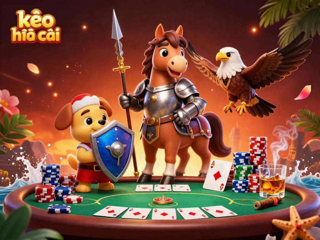 Engaging kèo nhà cái scene with a knight, puppy, and falcon, creating excitement in gambling.