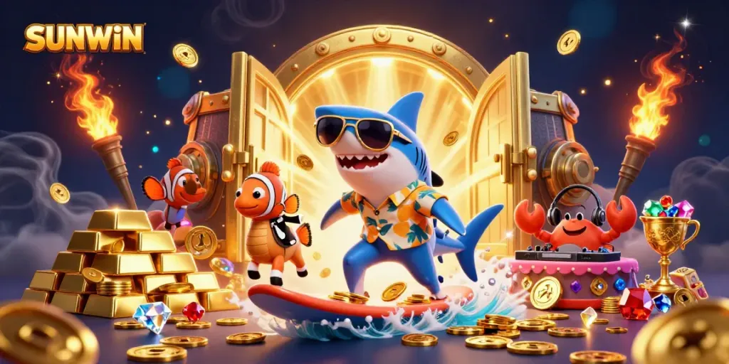 Engage in thrilling underwater gambling adventures with SUNWIN featuring lively characters in a vibrant treasure scene.