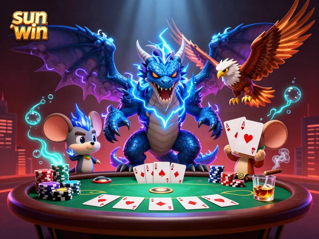 Experience exhilarating poker actions at sun win with dragon, hawk and thunder mouse mascots.