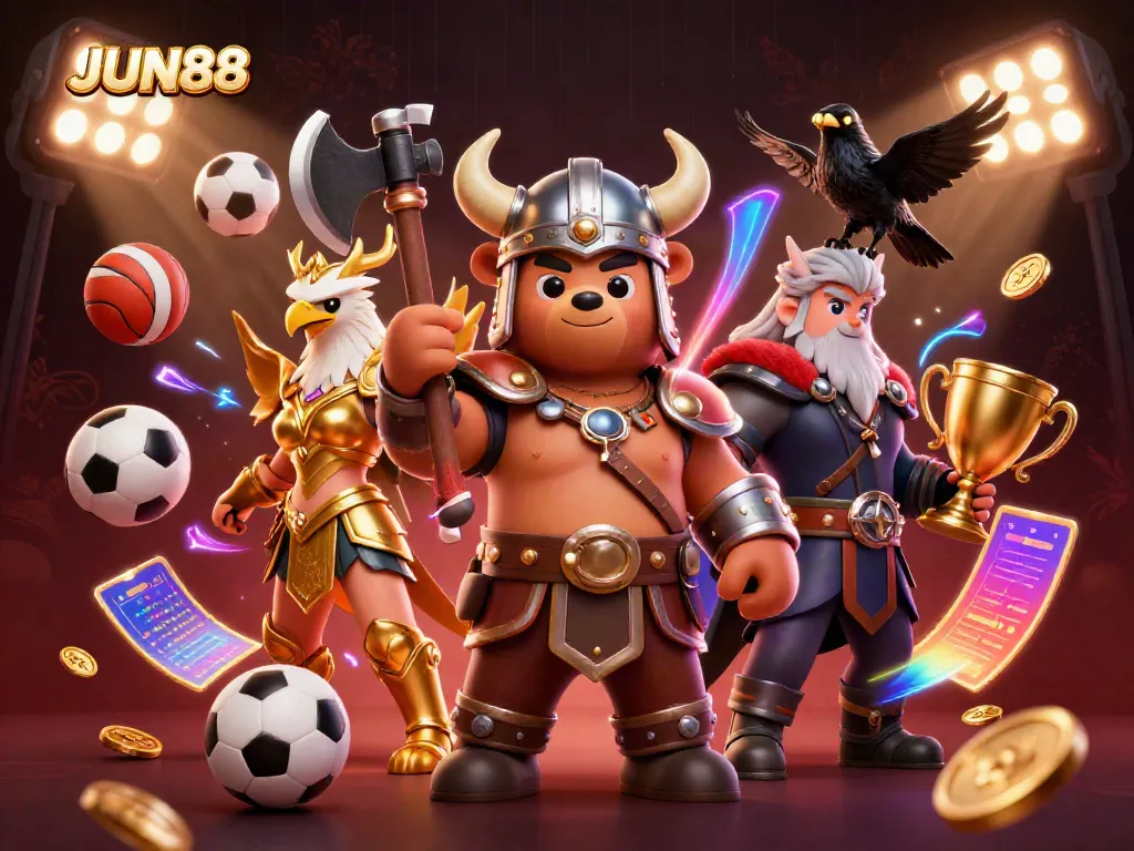 Engage in exciting gameplay at JUN88 with a dynamic depiction of a Viking bear and Valkyrie eagle in a rich casino atmosphere.