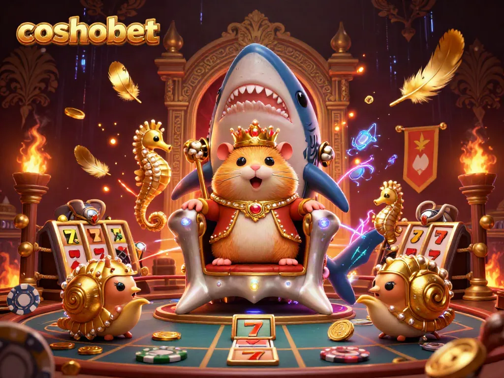 Experience the excitement of cosmobet with a vibrant 3D illustration showcasing a hamster king in a casino-themed magical scene.