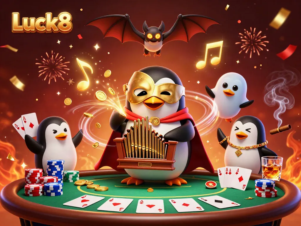 Experience the excitement with Luck8 as the penguin plays a gold coin pipe organ while gaming elements surround him.