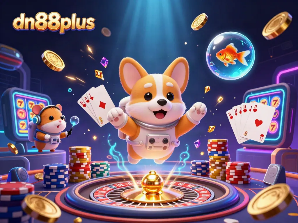 Engage with the thrilling casino experience at dn88plus featuring floating corgi and sparkling slots.