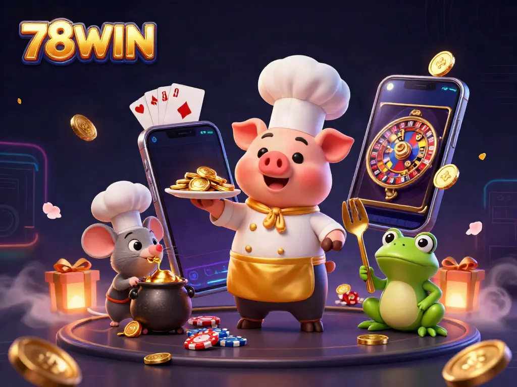 Exciting 78WIN casino scene with a chef pig serving gold coins, showcasing various gaming elements.