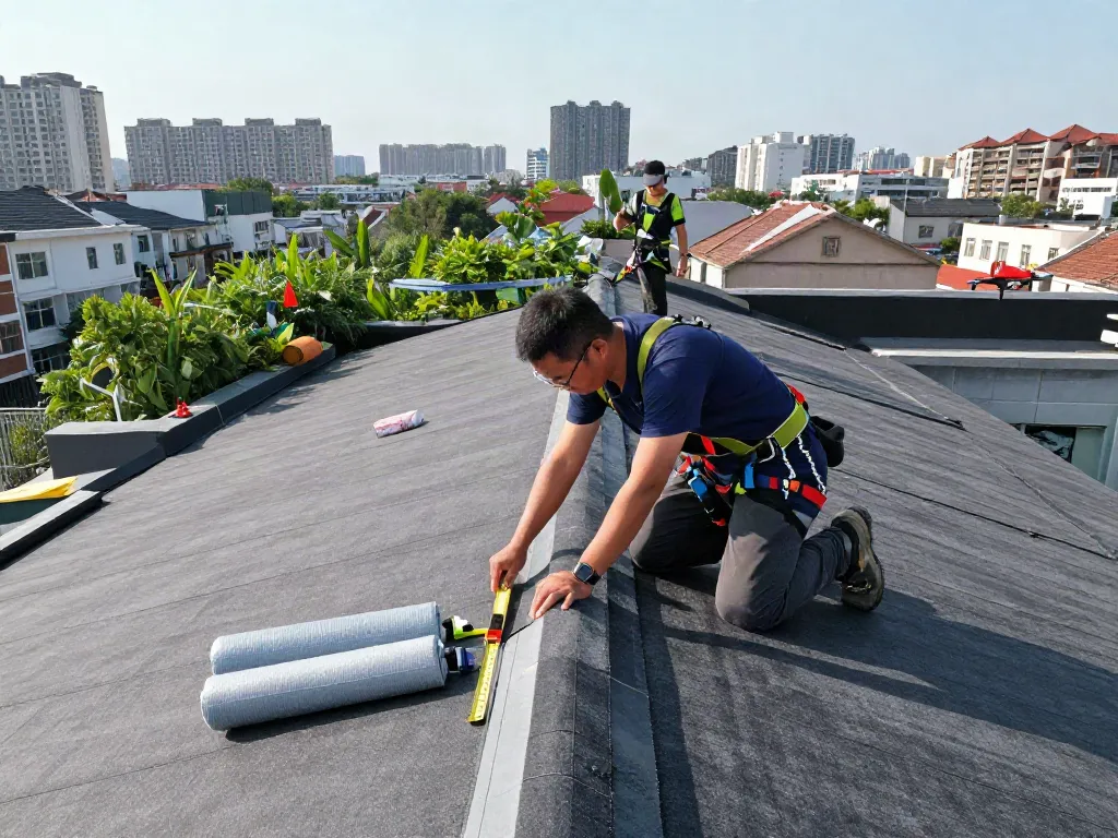 Felt roof replacement scene showing a professional roofer inspecting materials on a flat roof.