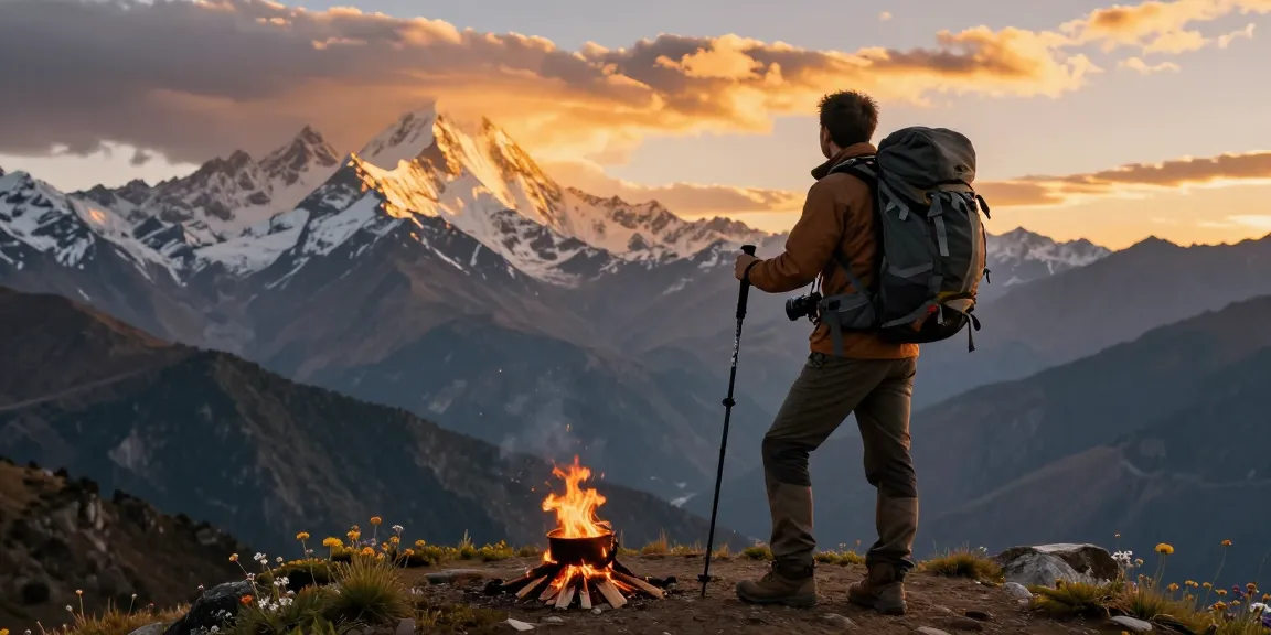 Atardecer en el Trek Manaslu, excursionista admirando paisajes montañosos con equipo adecuado.