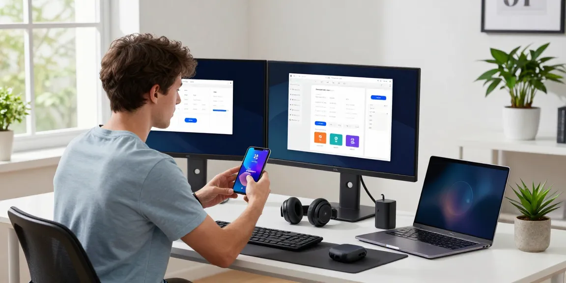 Engaging workspace featuring a user interacting with a tri-fold phone amidst tech gadgets in a modern office.