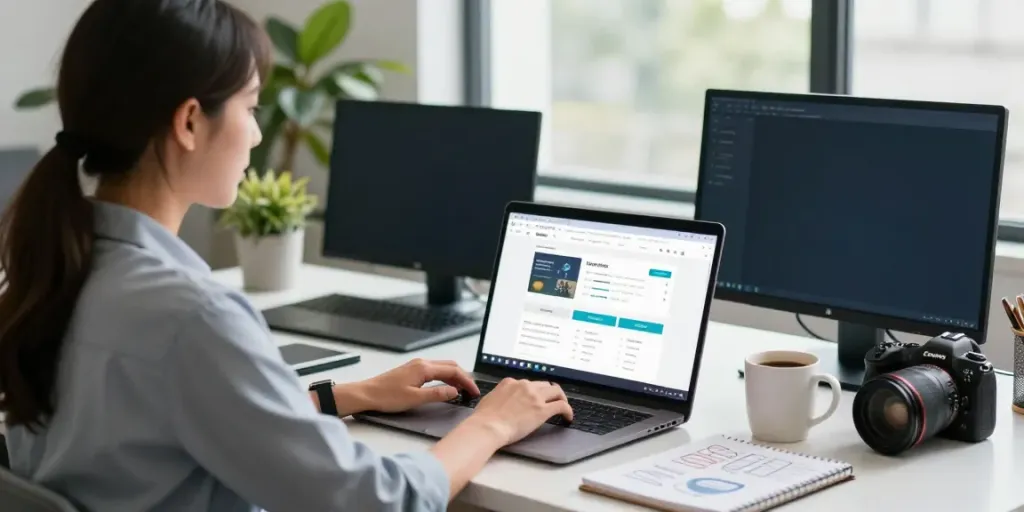 Specialist using instant indexing tools on a laptop in a modern tech workspace.