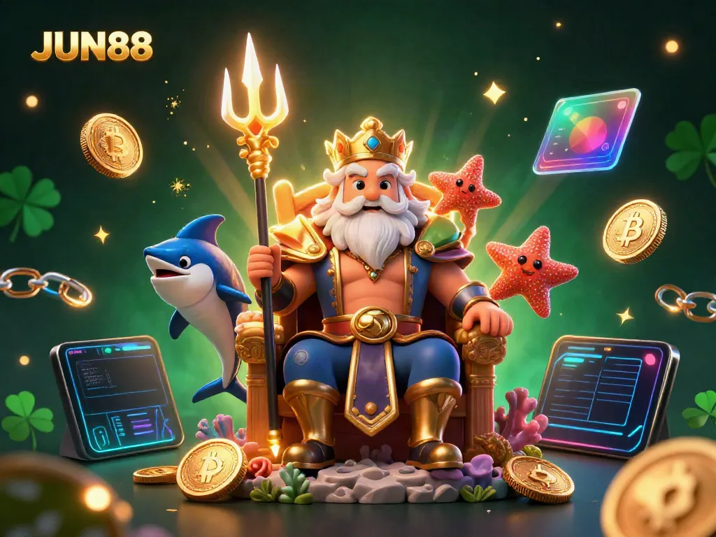 Engage in thrilling gaming adventures with JUN88's captivating 3D casino illustration filled with vibrant elements.