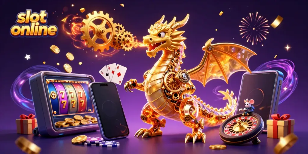 Experience the thrill of slot online games with this vibrant 3D dragon and magical gaming scene.