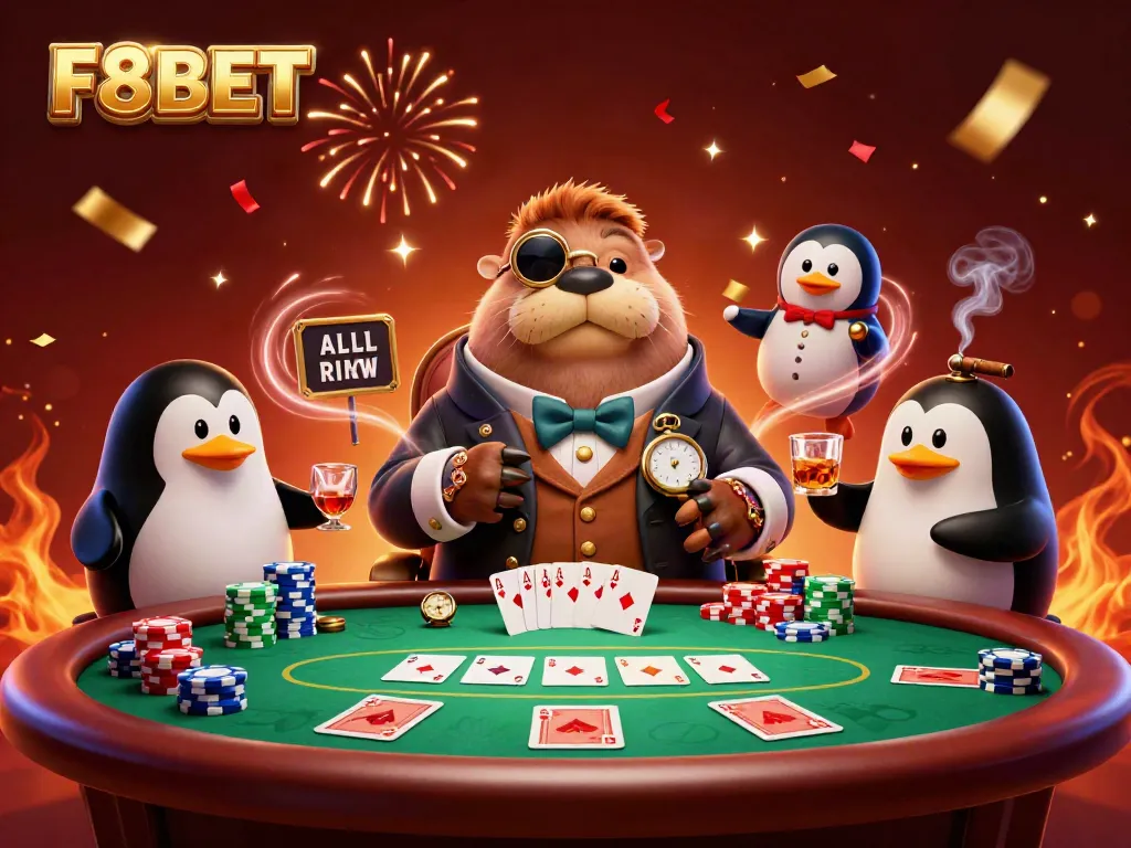Experience thrilling poker action with F8BET's jolly walrus and sophisticated dealer illustration