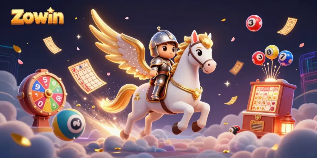 Zowin presents a thrilling casino adventure with a celestial horse and knight amidst a vibrant lottery scene.