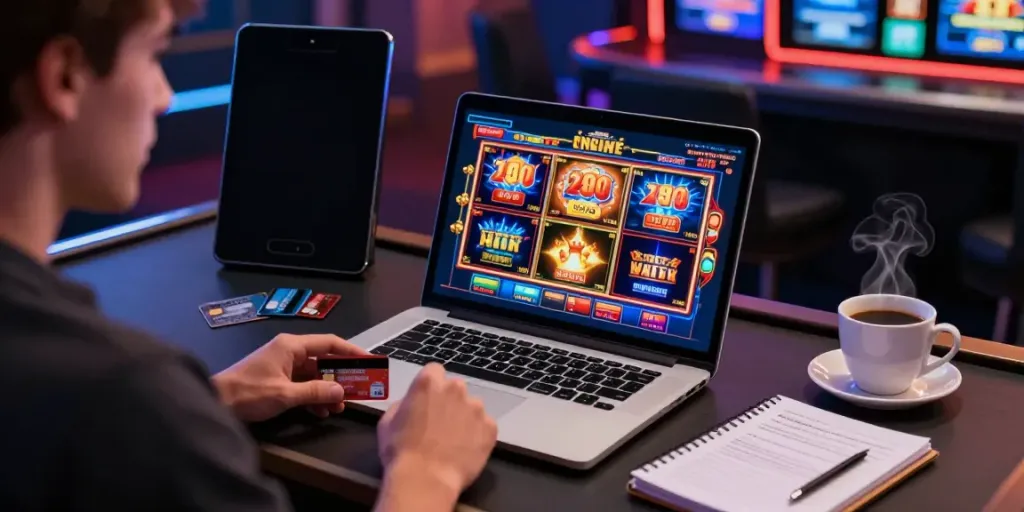 Player exploring casinos that accept credit cards on a laptop, showcasing a vibrant gaming setup.