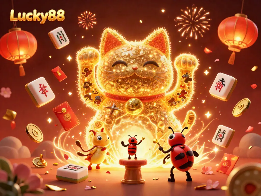 Experience enchanting casino excitement with Lucky88’s vibrant golden lucky cat, surrounded by festive game symbols.