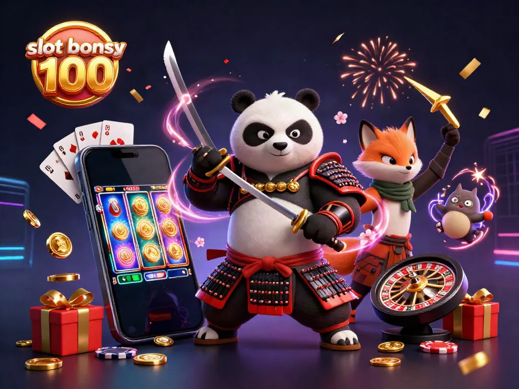 Experience an exhilarating scene of the slot bonus 100 with samurai panda and friends amidst vibrant gaming elements.