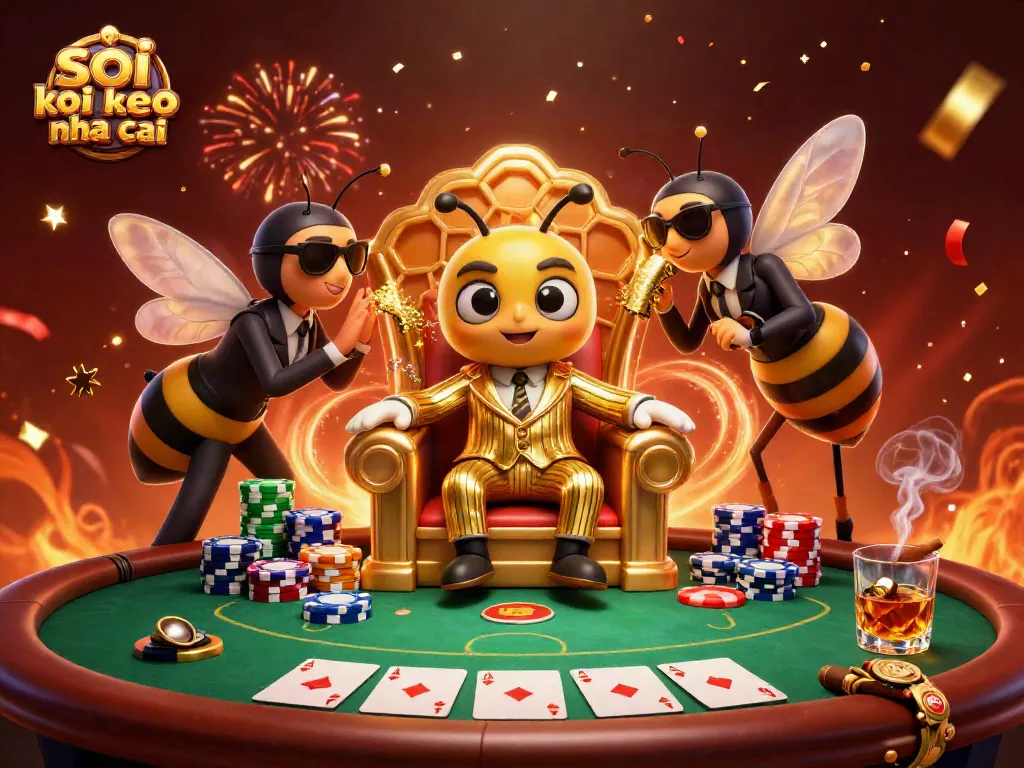 Soi keo nha cai lively scene showcasing a bumblebee boss in a casino throne room surrounded by poker chips and cards.