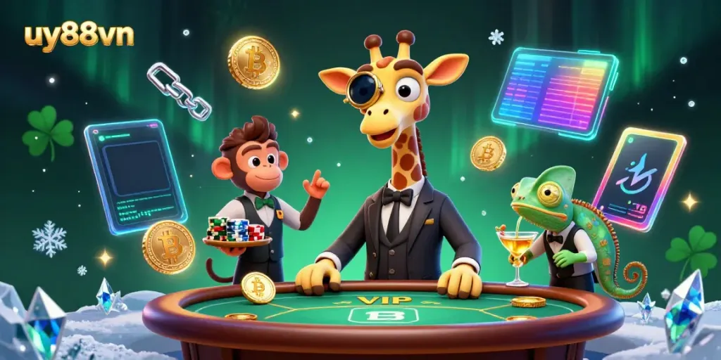 Engage with uy88vn's vibrant 3D casino scene featuring a high-roller giraffe, monkey valet, and chameleon bartender.