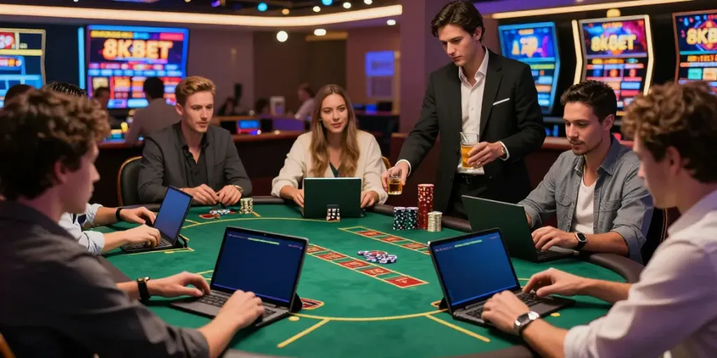 The dynamic online gaming experience at https://8kbeteu.com/, featuring excited players engaged in sports betting, live casino games, and immersive slots.