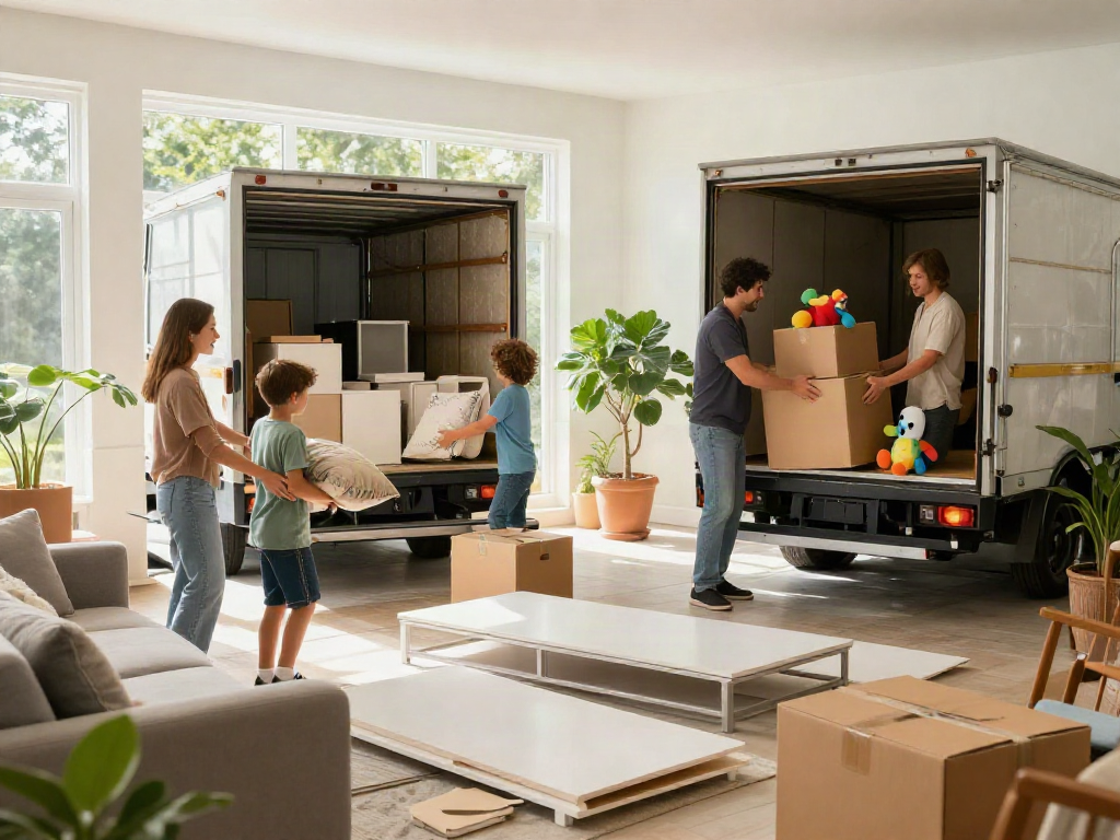 Family packing boxes for furniture removals in a bright living room, conveying teamwork and warmth.
