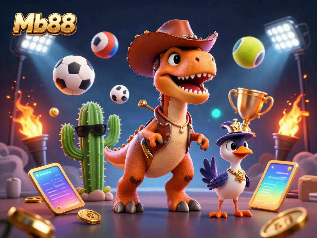 Join the excitement with Mb88's vibrant 3D cartoon cowboy dinosaur and friends, showcasing thrilling betting action.